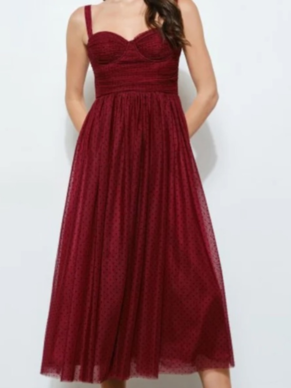 Burgundy Polka Dot Tulle Midi Dress